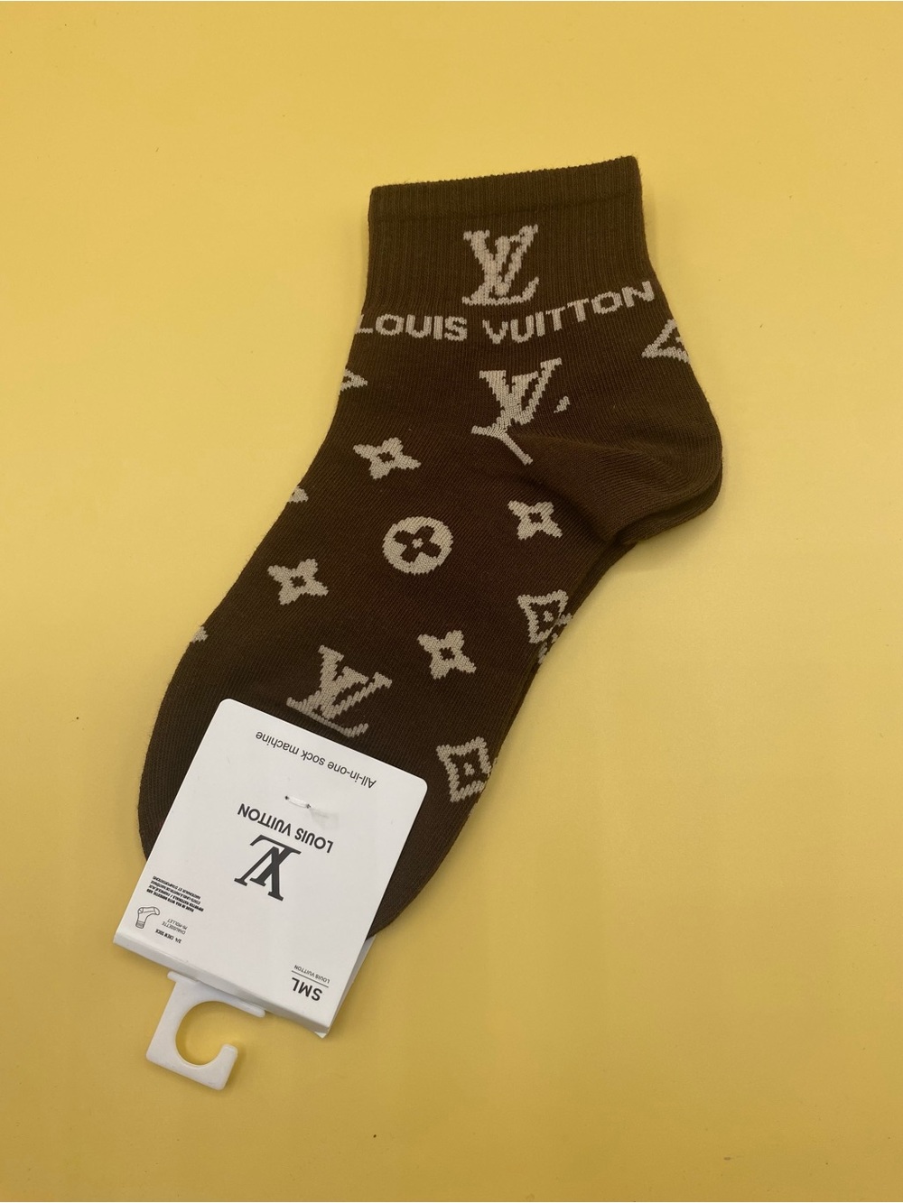 LV Brown Monogram Crew Socks with Beige Logo